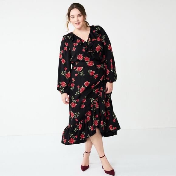 Draper James Black Floral Long Sleeve Ruffle Midi Wrap Dress Size XL Feminine - Picture 1 of 13